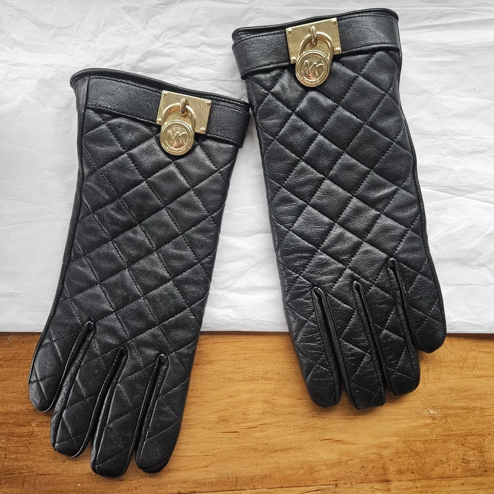 Michael Kors Quilted Black Gloves with Gold Details